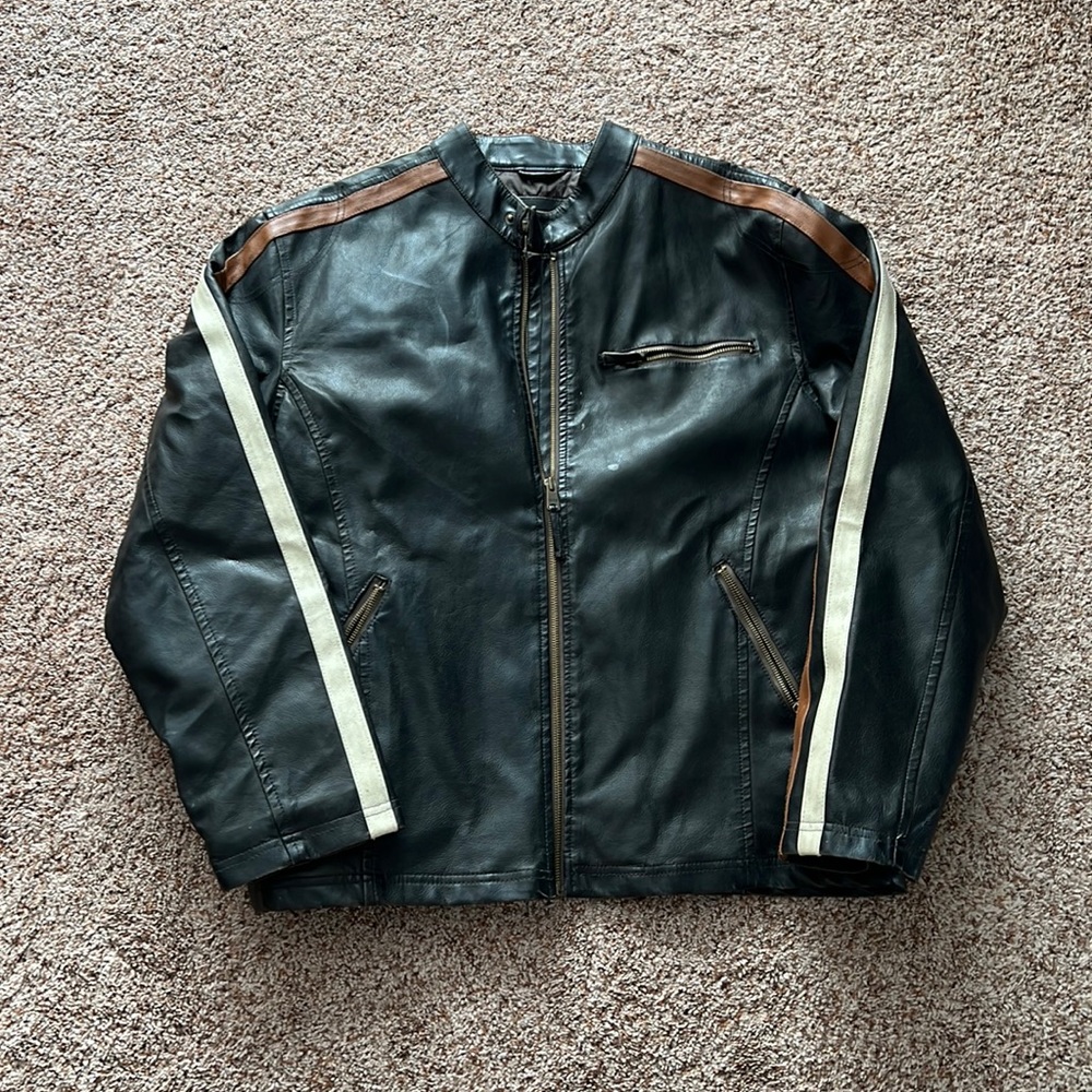 Arizona leather jacket, size XL, worn, black with stripes down arms